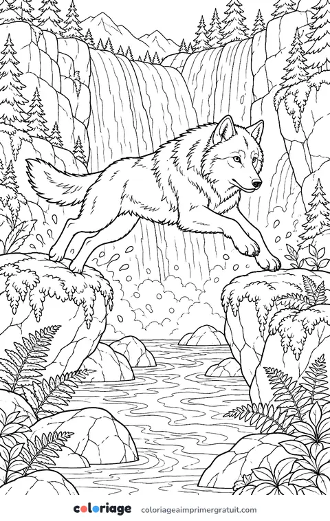 Coloriage loup à la cascade