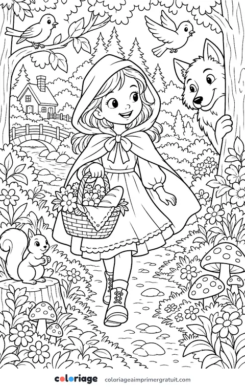 Coloriage le Petit Chaperon rouge et le loup