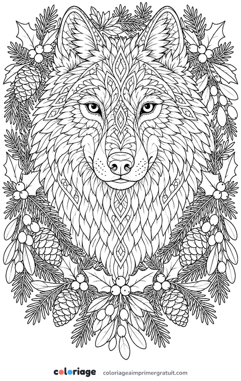 Coloriage loup et couronne d’hiver