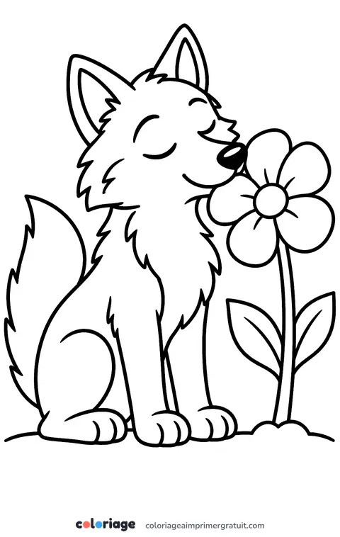 Coloriage loup et fleur
