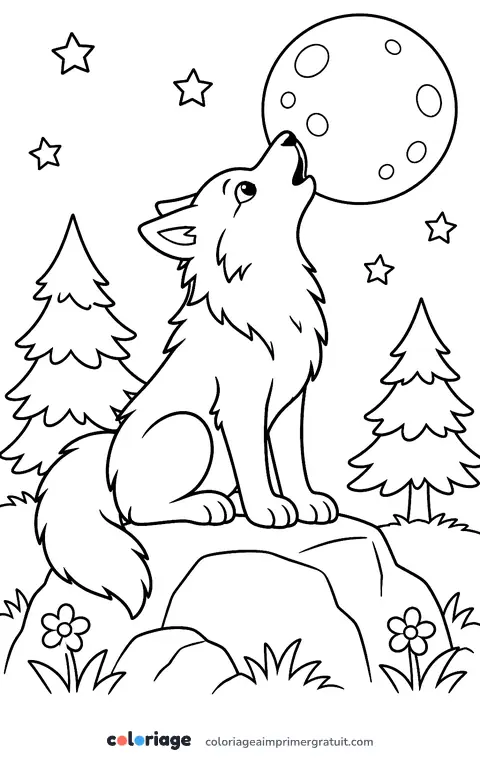 Coloriage loup qui hurle à la lune