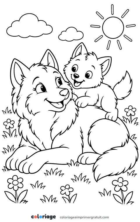 Coloriage louve et louveteau