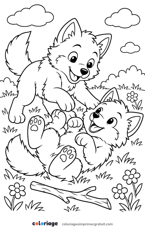 Coloriage louveteaux qui jouent