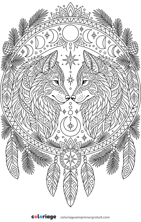Coloriage mandala loups et lunes