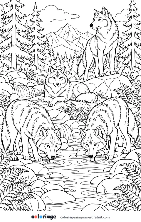 Coloriage meute de loups au ruisseau