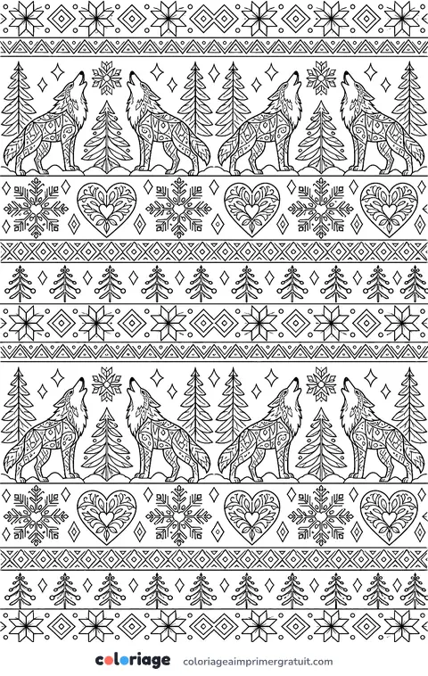 Coloriage motif nordique aux loups