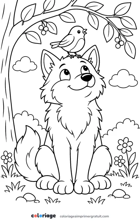 Coloriage loup et petit oiseau