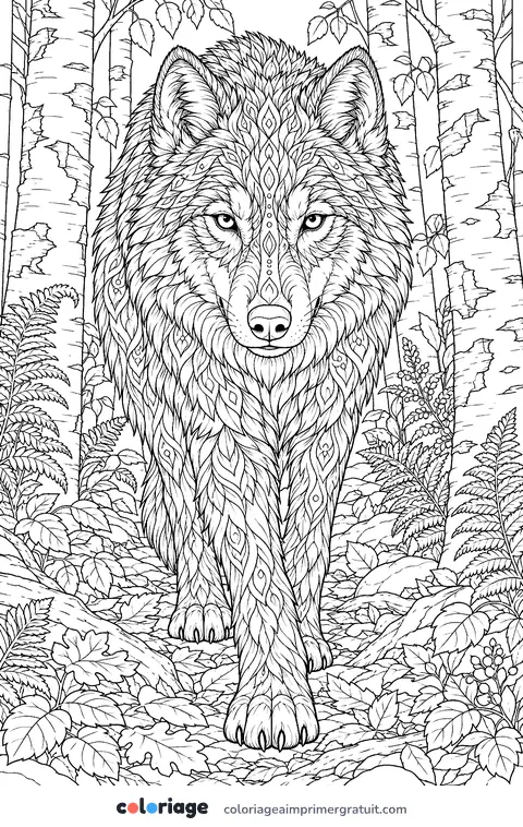 Coloriage loup réaliste en forêt