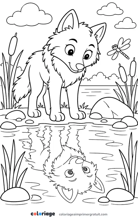Coloriage loup au bord du lac