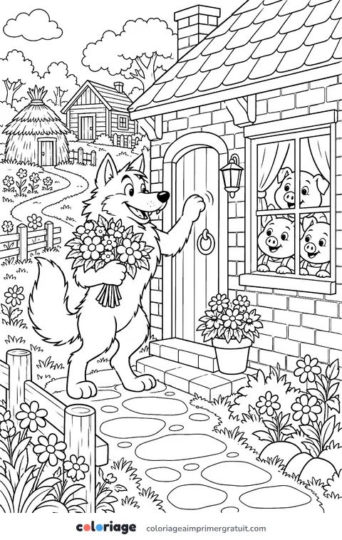 Coloriage le loup et les trois petits cochons