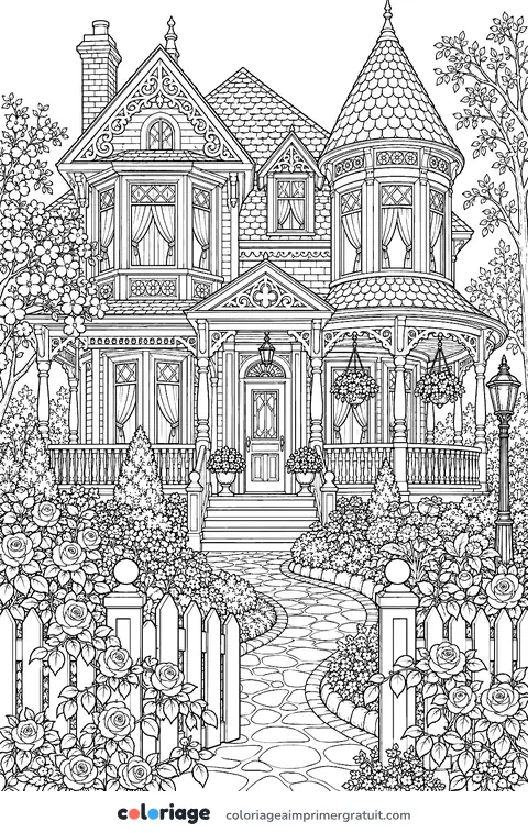 Coloriage maison ancienne à tourelle