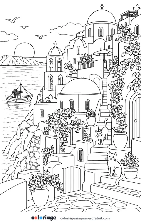 Coloriage maisons blanches au bord de la mer