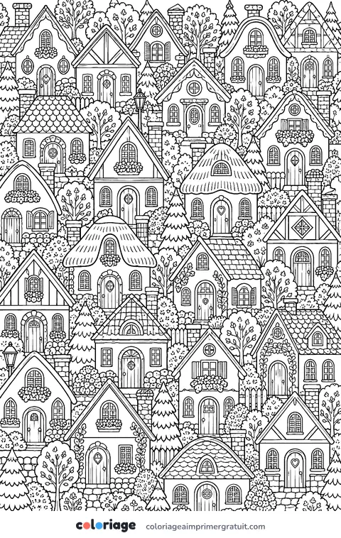 Coloriage motif de petites maisons