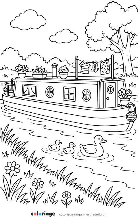 Coloriage péniche sur le canal