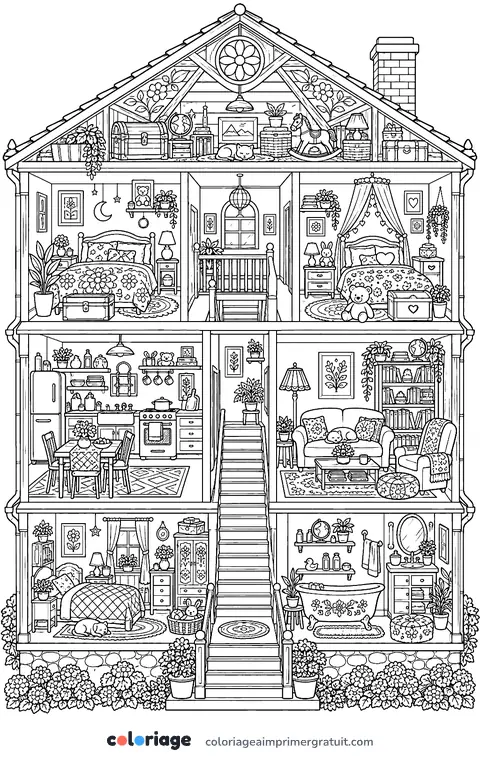 Coloriage maison de poupée en coupe