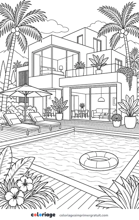 Coloriage villa moderne et piscine