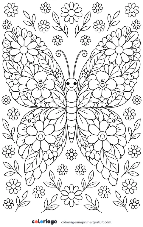 Coloriage carte papillon fleuri