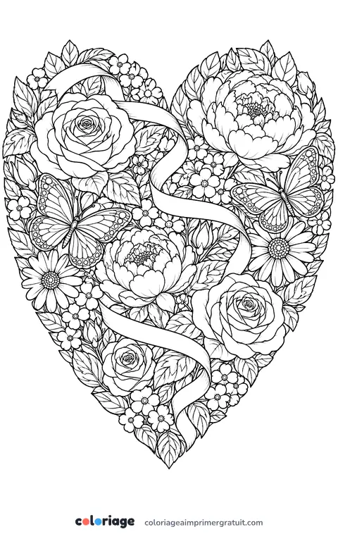Coloriage cœur fleuri à offrir