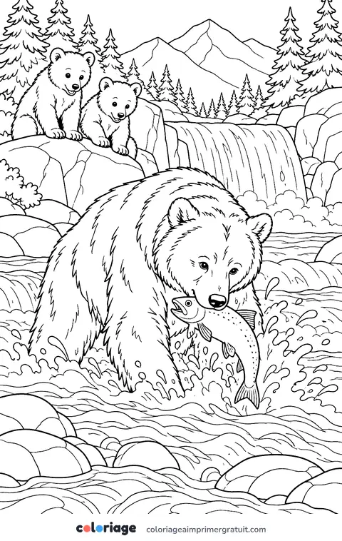 Coloriage maman ourse à la rivière