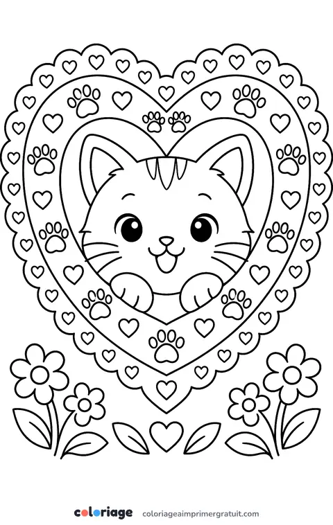 Coloriage cœur chat