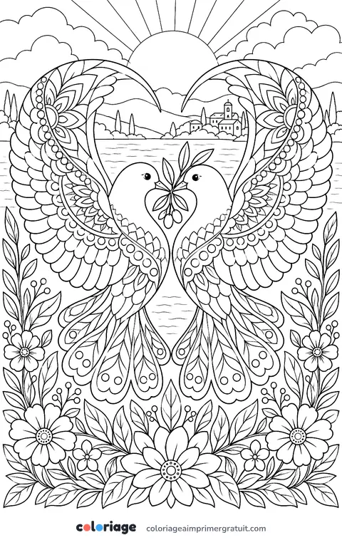 Coloriage cœur aux colombes