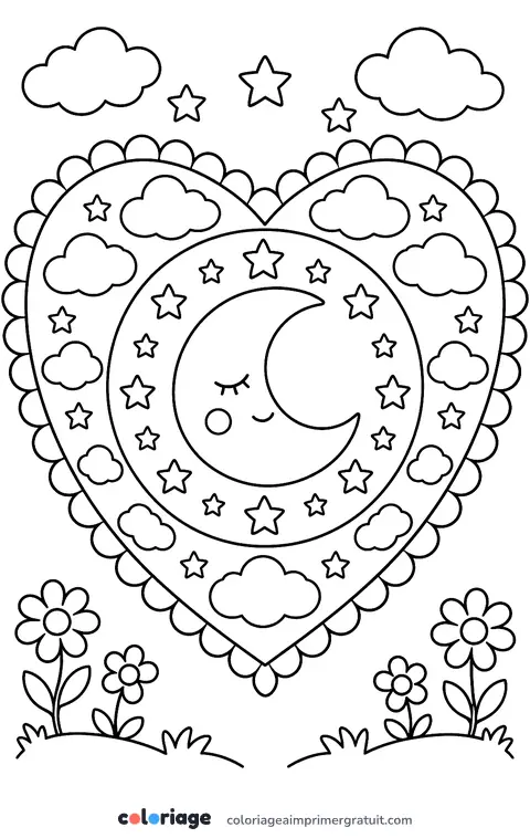 Coloriage cœur lune et étoiles