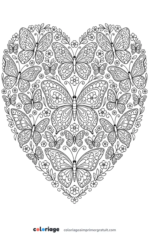 Coloriage cœur de papillons