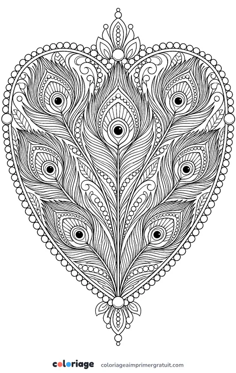 Coloriage cœur plumes de paon