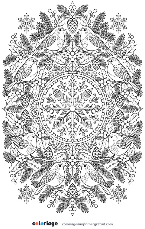 Coloriage mandala d’oiseaux d’hiver