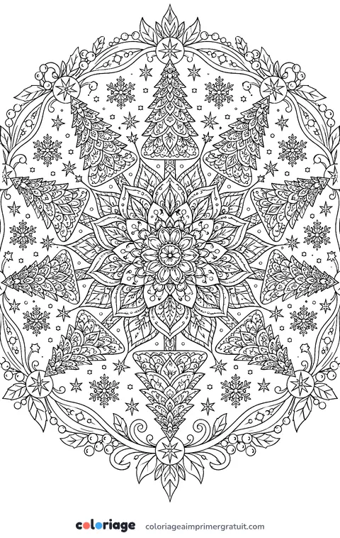 Coloriage mandala de sapins en filigrane