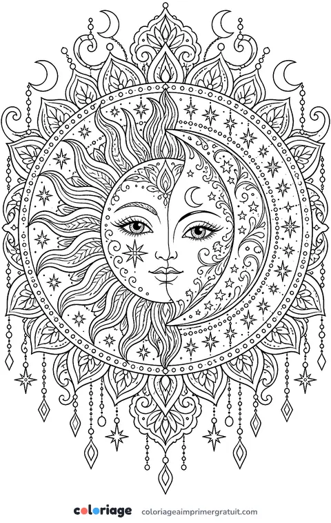 Coloriage mandala soleil et lune