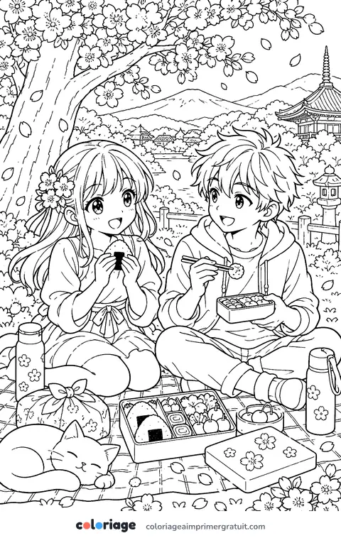 Coloriage amis sous les cerisiers