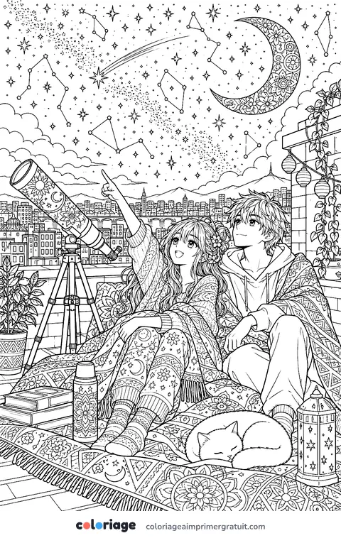 Coloriage astronomes sur le toit