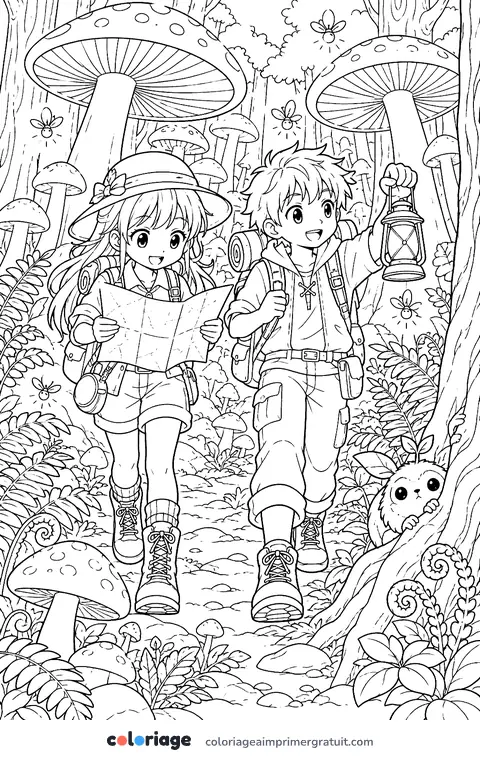 Coloriage aventuriers dans la forêt