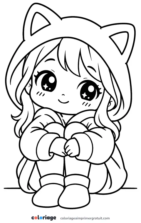 Coloriage chibi à capuche de chat