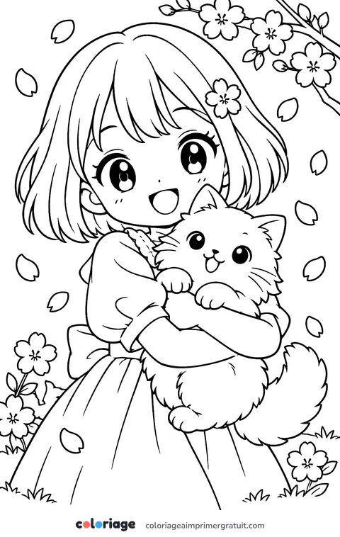 Coloriage fille manga et son chat