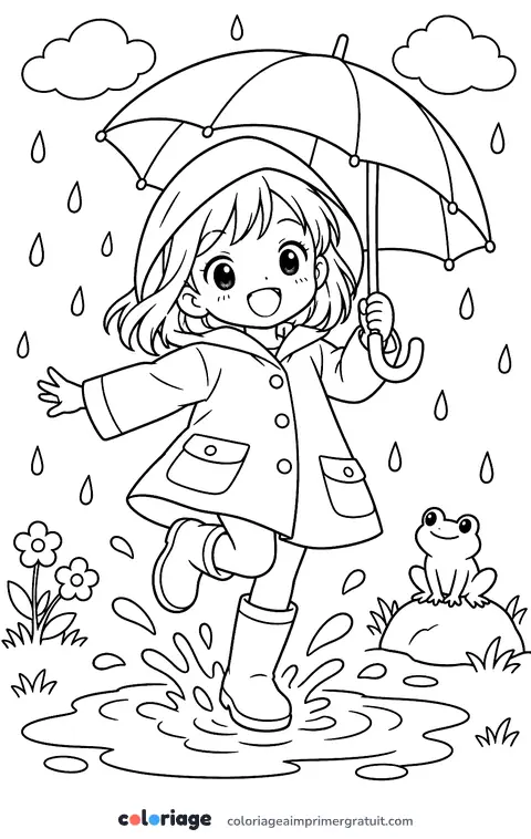 Coloriage fille manga sous la pluie