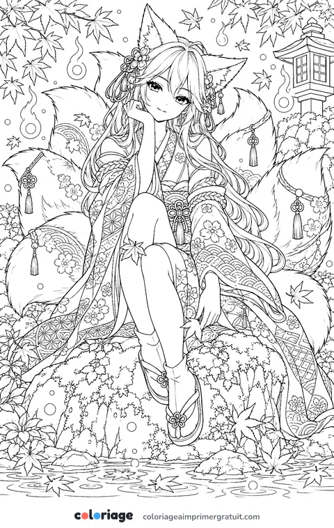 Coloriage fille renard et feuilles d’érable