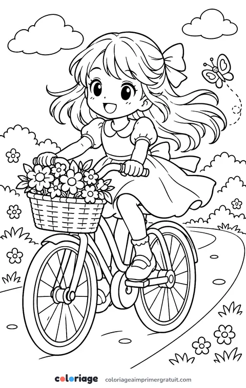 Coloriage fille manga à vélo