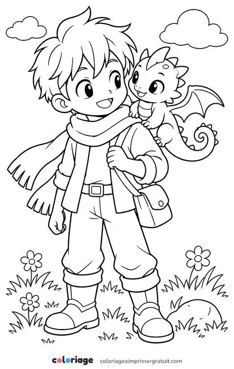 Coloriage garçon et son bébé dragon