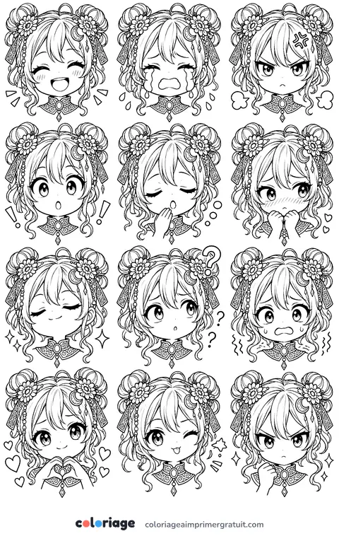 Coloriage planche d’expressions chibi