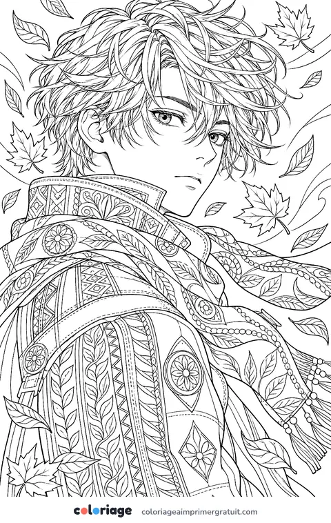 Coloriage portrait de garçon manga au vent
