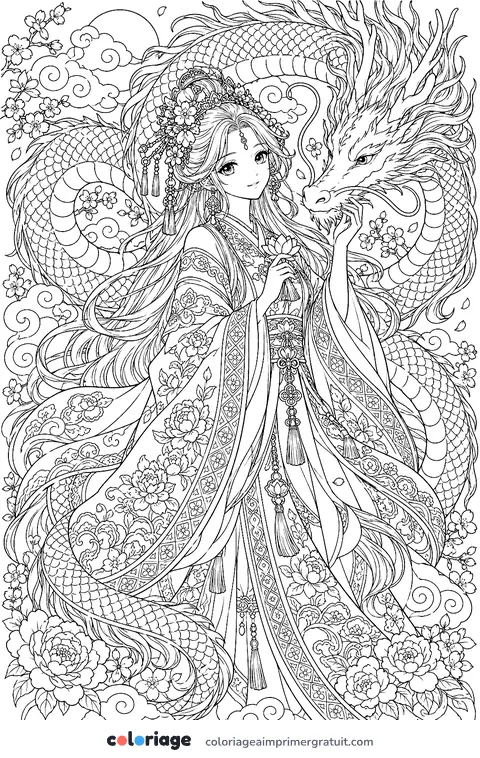Coloriage princesse et dragon des nuages