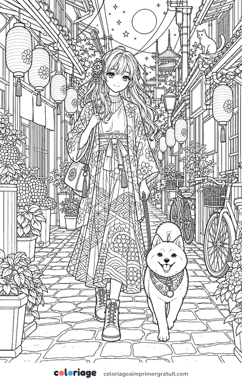 Coloriage ruelle aux lanternes