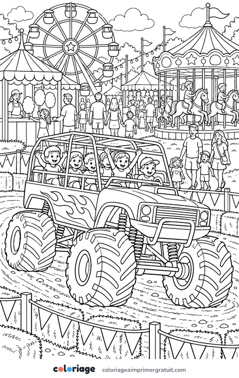 Coloriage monster truck à la fête foraine