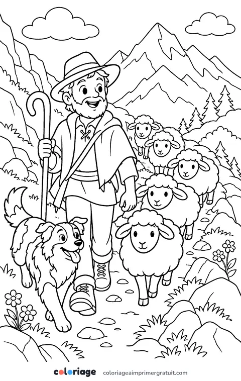 Coloriage berger et moutons