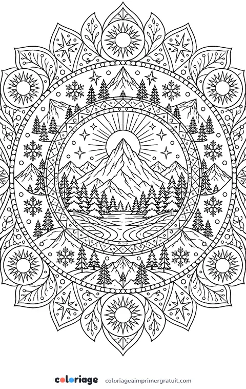 Coloriage mandala montagne