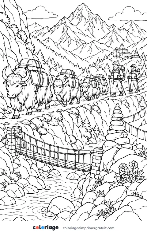 Coloriage caravane de yacks