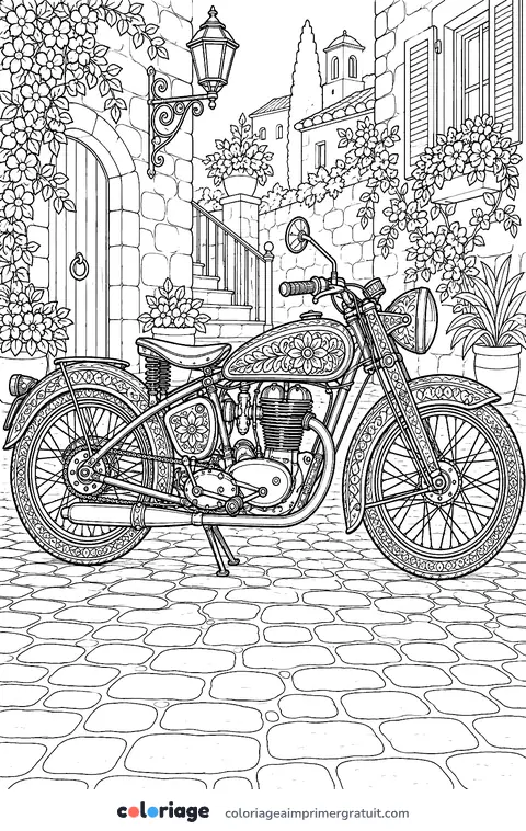 Coloriage moto ancienne détaillée