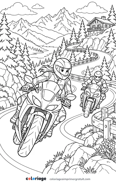 Coloriage balade à moto en montagne